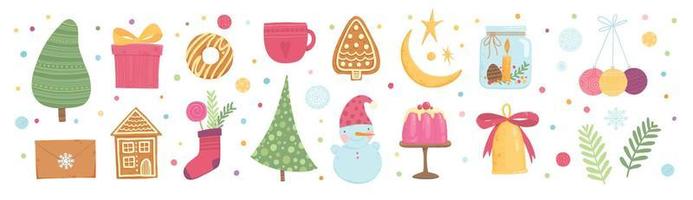 verzameling prachtige kerstballen en decoraties voor de kerstboom. set vakantie ornamenten, dieren, santa, sneeuwpop, gouden bel. gekleurde vectorillustratie in platte cartoonstijl vector