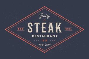 steak, logo, vlees label. logo met tekst steak restaurant, sappig steak vector