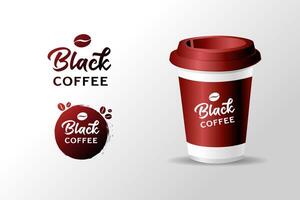 zwart koffie creatief logo concept met 3d koffie beker. realistisch blanco. reclame banier ontwerp vector