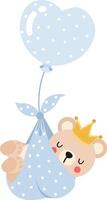 schattig baby jongen teddy beer vliegend met blauw hart ballon vector