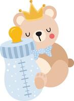 schattig baby jongen teddy beer Holding een baby fles van melk vector