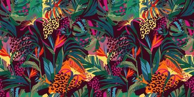 abstracte kunst naadloze patroon met tropische bladeren en bloemen. modern exotisch ontwerp vector