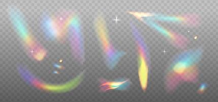fonkeling kristal lekken schittering reflectie effect elementen set. optisch regenboog schittering, lek, streep overlappen. kleurrijk lenzen en licht fakkels met transparant Effecten. bedekking spreiding licht stralen. vector