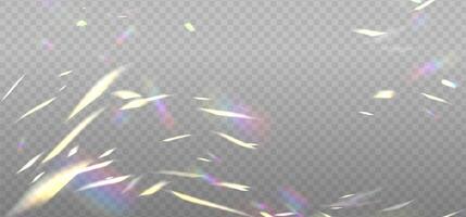 kleurrijk lenzen en licht fakkels met transparant Effecten. iriserend kristal lekken schittering reflectie bedekking effect. optisch regenboog lichten, schittering, lek. fonkeling vallend confetti. vector