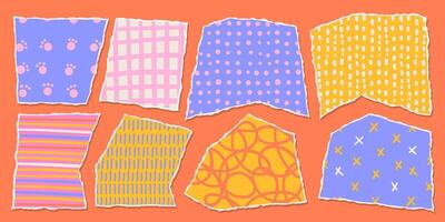 collage gescheurd uit papier vorm reeks in hedendaags stijl met schattig hand- getrokken patronen. abstract kleurrijk lakens geïsoleerd Aan een donker achtergrond. vector
