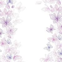 vlinders zijn roze, blauw, lila, vliegen, delicaat lijn kunst. grafisch illustratie hand- getrokken in roze, lila inkt. plein kader, sjabloon eps vector