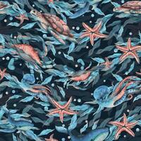 octopussen, schildpadden, walvissen, kwallen, zeewier in de vorm van een Golf met zeester en water bubbels. waterverf illustratie hand- getrokken in turkoois en koraal kleuren. naadloos patroon vector