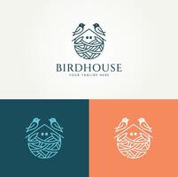 minimalistische vogel nest lijn kunst etiket logo illustratie ontwerp. gemakkelijk modern vogel huis logo concept vector