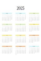 2025 kalendersjabloon in klassieke strikte stijl met veelkleurige elementen. maandelijkse kalender individueel schema minimalisme ingetogen ontwerp voor zakelijke notebook. week begint op zondag vector