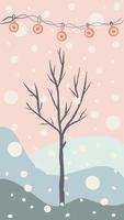 kerstwenskaart schattige handgetekende stijl en trendy bijpassende pastelkleuren. kerstboom en sneeuwpop met geschenkdoos op sneeuwjacht met guirlande en sneeuwvlokken vector