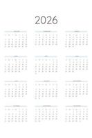 2026 kalendersjabloon in klassieke strikte stijl. maandelijkse kalender individueel schema minimalisme ingetogen ontwerp voor zakelijke notebook. week begint op zondag vector