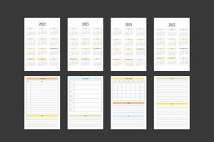 2022 2023 2024 2025 kalender en dagelijkse wekelijkse maandelijkse persoonlijke planner dagboeksjabloon in klassieke strikte stijl. maandelijks kalenderschema minimalisme ontwerp voor zakelijke notebook. week begint op zondag vector