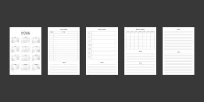 2024 kalender en dagelijkse wekelijkse maandelijkse planner dagboeksjabloon in klassieke strikte stijl. maandelijkse kalender individueel schema minimalisme ingetogen ontwerp voor zakelijke notebook. week begint op zondag vector