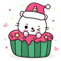 santa eenhoorn kat en kerst cake kawaii cartoon vector