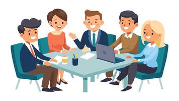 vrolijk mensen uit het bedrijfsleven hebben een vergadering in een bestuurskamer, vlak illustratie Aan wit achtergrond vector