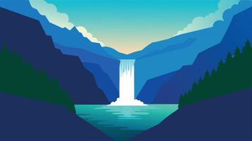 laatste zonlicht lichten omhoog de zuiver water waterval Aan Plitvice nationaal park. kleurrijk voorjaar panorama van groen Woud met blauw meer. illustratie natuur achtergrond vector