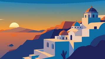 zonnig ochtend- panorama van Santorini eiland. pittoreske voorjaar zonsopkomst Aan de beroemd Grieks toevlucht thira, Griekenland, Europa. op reis concept achtergrond. vlak illustratie vector