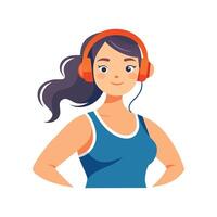 Kaukasisch sport- vrouw luisteren naar muziek- Aan hoofdtelefoons buitenshuis, vlak illustratie Aan wit achtergrond vector