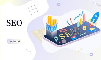 bestemmingspagina van seo zoekmachine optimalisatie moderne platte ontwerp isometrische sjabloon. conceptuele seo-analyse en optimalisatie, seo-strategieën en marketingconcept vectorillustratie voor website. vector