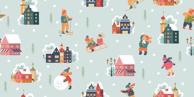 naadloos patroon. besneeuwde dag in gezellige kerststad. winter kerst dorp dag landschap. kinderen spelen in de winter buiten. vectorillustratie, wenskaart. vector