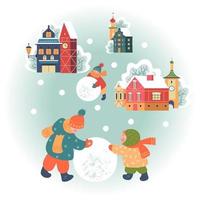 besneeuwde dag in gezellige kerststad. winter kerst dorp dag landschap. kinderen spelen in de winter buiten. vectorillustratie, wenskaart. vector