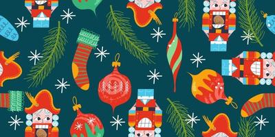 naadloos kerstpatroon. de kerstboom is versierd met vintage speelgoed. vectorillustratie. vector