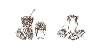 aardappel Frans Patat, heet hond, taco's, drankjes, set. hand getekend schetsen van straat voedsel, meenemen voedsel, snel voedsel, rommel voedsel en drankjes. retro illustraties verzameling geïsoleerd. vintage. vector