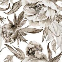 hand- getrokken waterverf grisaille monochroom pioen tulp ranonkel bloemen, bloemknoppen en bladeren. naadloos patroon geïsoleerd Aan wit achtergrond. uitnodigingen, bruiloft, behang, bloemen winkel, afdrukken, textiel vector