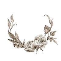 hand- getrokken waterverf grisaille monochroom pioen tulp roos bloemen, bloemknoppen en bladeren. krans kader geïsoleerd Aan wit achtergrond. uitnodigingen, bruiloft of groet kaarten, bloemen winkel, afdrukken, textiel vector