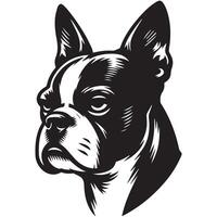 hond logo - een streng Boston terriër hond gezicht illustratie in zwart en wit vector