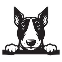 hond gluren - stier terriër hond gluren gezicht illustratie in zwart en wit vector