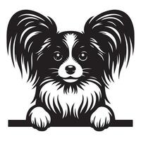 hond gluren - papillon hond gluren gezicht illustratie in zwart en wit vector