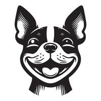 hond logo - een geamuseerd Boston terriër hond gezicht illustratie in zwart en wit vector