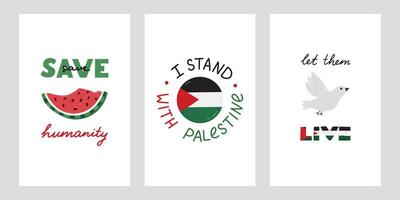 wij staan met Palestina reeks van posters met belettering en gemakkelijk hand- getrokken clip art van Gaza vlag, vrede duif watermeloen in de vorm van kaart van Israël en Gaza. concept van ondersteunen Palestina. vector