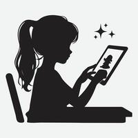 raadselachtig elegantie, een meisjes overpeinzing met een tablet silhouet vector