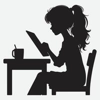 raadselachtig elegantie, een meisjes overpeinzing met een tablet silhouet vector