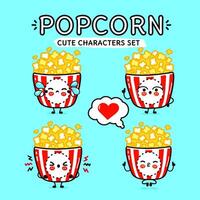 grappig schattig gelukkig popcorn tekens bundel set. hand- getrokken tekening stijl tekenfilm karakter illustratie. geïsoleerd Aan blauw achtergrond. popcorn mascotte karakter verzameling vector