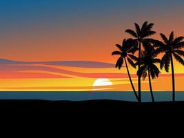 uitzicht op strand bij zonsondergang met palmbomen in silhouet