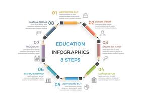 onderwijs infographics met acht potloden geregeld in een cirkel met tekst en pictogrammen vector