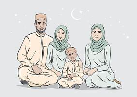 Aziatisch moslim familie in traditioneel Arabisch jurk vector