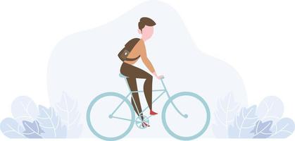 een jongen die vooruit gaat op de fiets met een schoudertas. vector