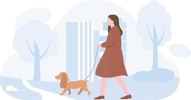 een vrouw die met haar hond gaat wandelen. vector