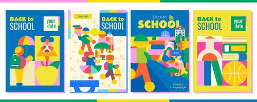 reeks van 4 terug naar school- affiches. modern, helder met een verscheidenheid van school- benodigdheden en kinderen wie zijn in een haast je naar leren. voor aankondigingen, advertenties, uitnodigingen, posters en veel meer vector