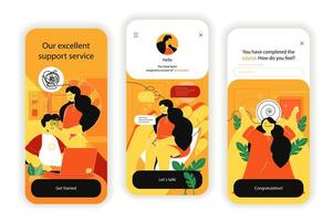 klant ondersteuning concept onboarding schermen. telefoontje centrum, klanten overleg, oplossen problemen van klant. ui, ux, gui gebruiker koppel uitrusting met vlak mensen tafereel. illustratie voor web ontwerp vector