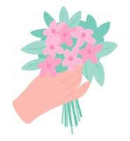 bloem boeket in hand- in vlak ontwerp. bloeiend madeliefje geschenk in Valentijn dag. illustratie geïsoleerd. vector
