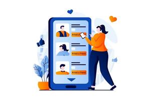 sociaal netwerk concept met mensen tafereel in vlak tekenfilm ontwerp. vrouw voegt toe nieuw online vrienden naar haar persoonlijk account en chats van mobiel sollicitatie. illustratie zichtbaar verhaal voor web vector