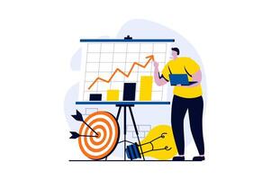 strategisch planning concept met mensen tafereel in vlak tekenfilm ontwerp. Mens analyse gegevens Aan grafieken, brainstormen, bedrijf ontwikkeling en klanten gericht op. illustratie zichtbaar verhaal voor web vector