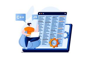software ontwikkeling concept met mensen tafereel in vlak tekenfilm ontwerp. vrouw programma's in verschillend talen, optimaliseert code, creëert software Aan laptop. illustratie zichtbaar verhaal voor web vector