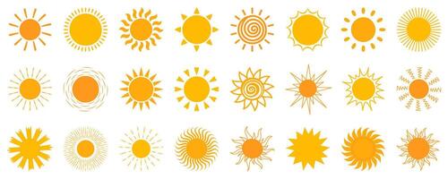 zon icoon set. geel zon ster zonneschijn en zonne- gloed, zonsopkomst of zonsondergang verzameling. zomer. vlak illustratie geïsoleerd Aan wit achtergrond vector