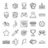 spellen, spel genres en attributen icoon set, inbegrepen pictogrammen net zo joystick, toetsenbord, virtueel realiteit, kasteel en meer symbolen verzameling, logo geïsoleerd illustratie vector